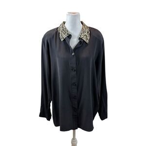 Ladies Vintage Brand New with Tags Lizden Black Silk Blouse Changeable‎ Collar L
